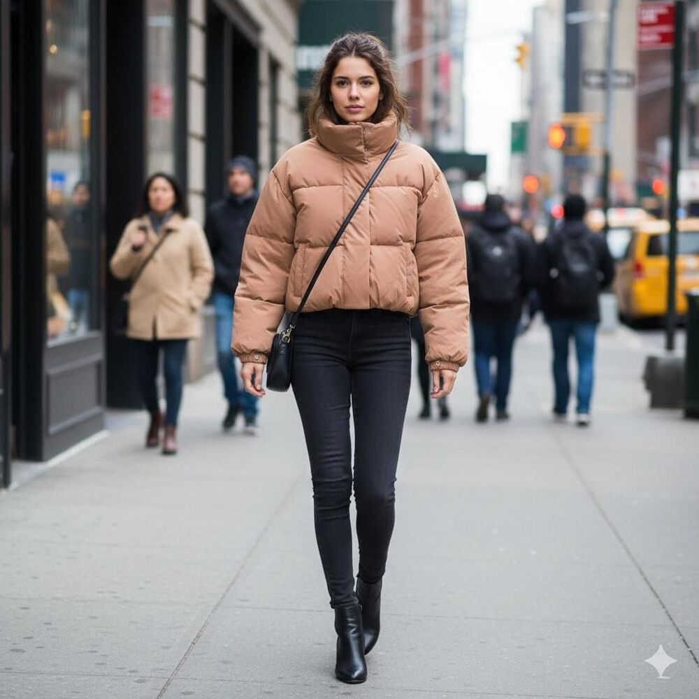 Brown tan cropped puffer jacket size L